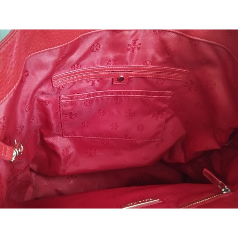 Tory Burch Tote Bag Large Red Pebbled Leather Shoulder Handbag Gold Logo Slouchy - Picture 3 of 6